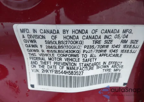 2004 Honda Pilot Ex-L из США, поврежденный, VIN 2HKYF18544H583527